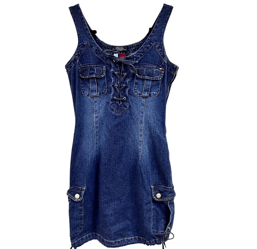 Vintage SM 2000's Tommy Girl denim mini tank overall bodycon dress dark wash